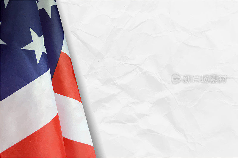 明亮和充满活力的挥舞折叠美国国旗与旋转在白色水平折痕皱纸矢量背景与复制空间和折痕和折叠