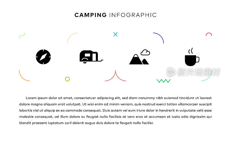 露营概念信息图设计与简单的固体图标。这种信息图表设计适用于网站、演示文稿、杂志和小册子。