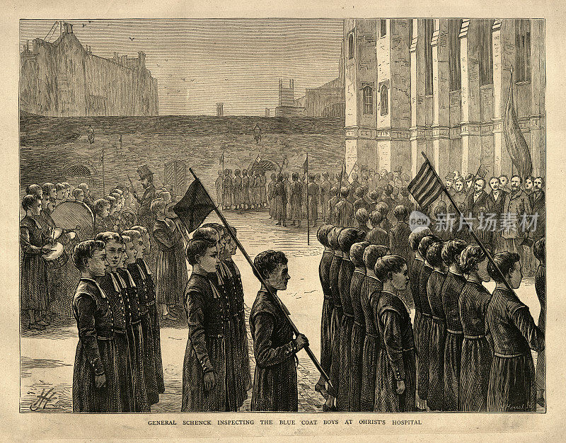 复古插图申克将军在基督医院检查蓝衣男孩,维多利亚时代的历史,19世纪70年代