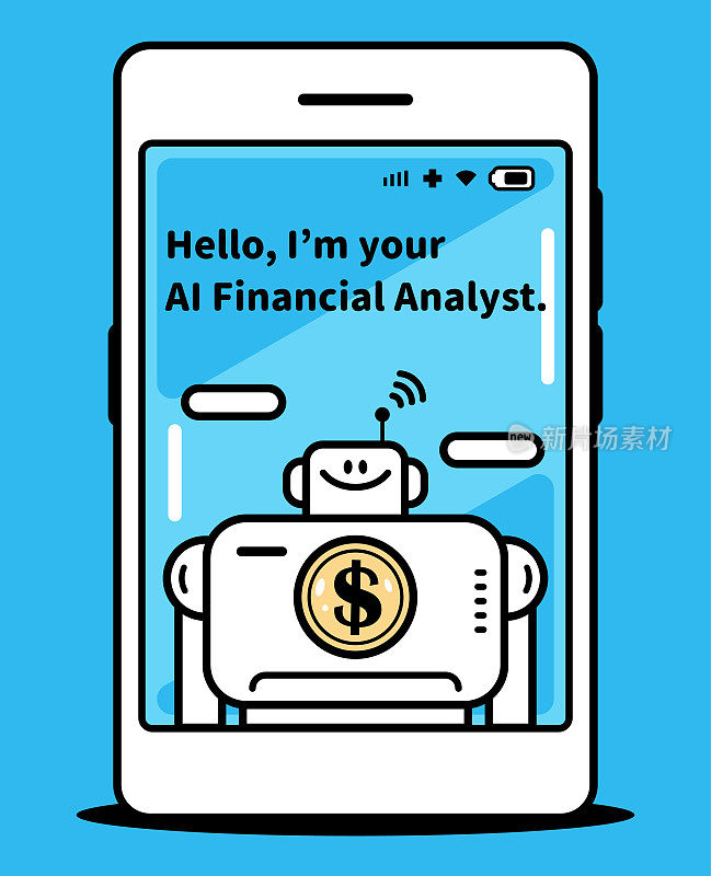 一个人工智能金融分析师机器人出现在智能手机屏幕上，向你打招呼