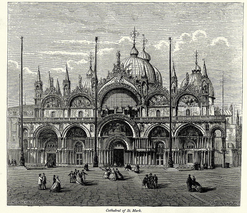 复古插图，意大利建筑，圣马可大教堂，威尼斯，意大利，19世纪70年代