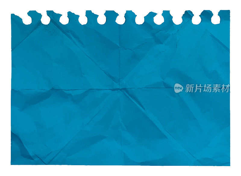 一个水平矢量插图的一个普通的空白深色绿松石蓝色撕开折叠皱褶纸页从一个螺旋记事本打孔打孔作为顶边边界和折叠标记