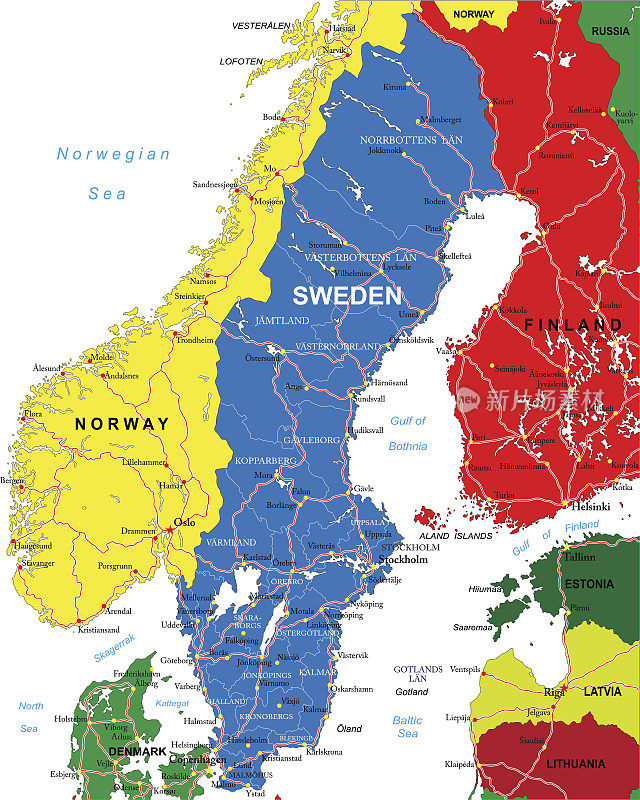瑞典地图，包括挪威和芬兰