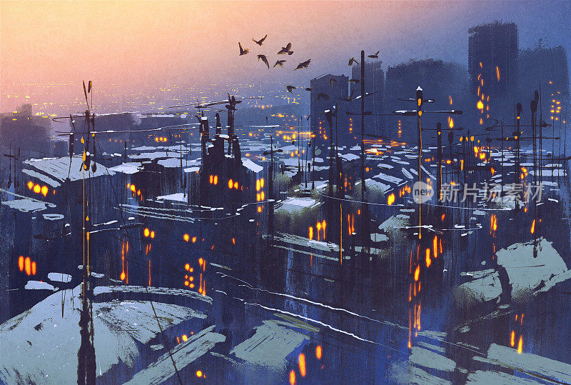 城市雪景，画冬天