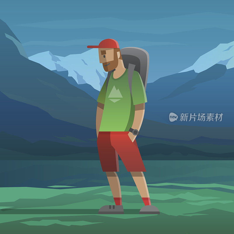 戴着红帽子背着背包的男人在山里。
