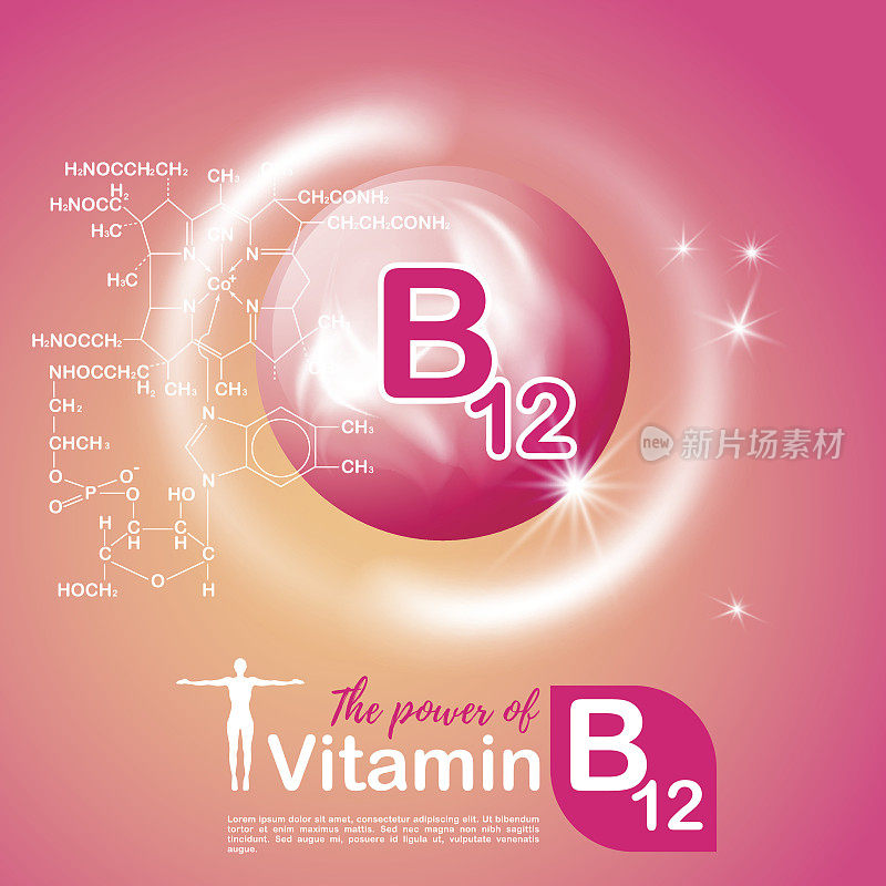 营养标志的概念。维生素B12的力量。Сhemical公式