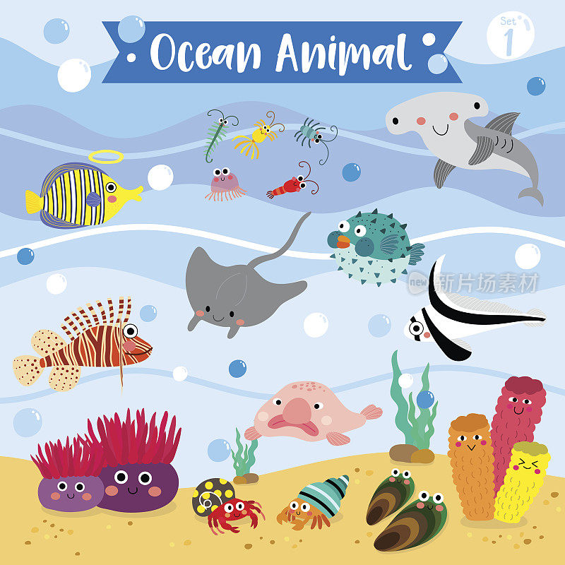 海洋动物卡通。矢量插图。组1
