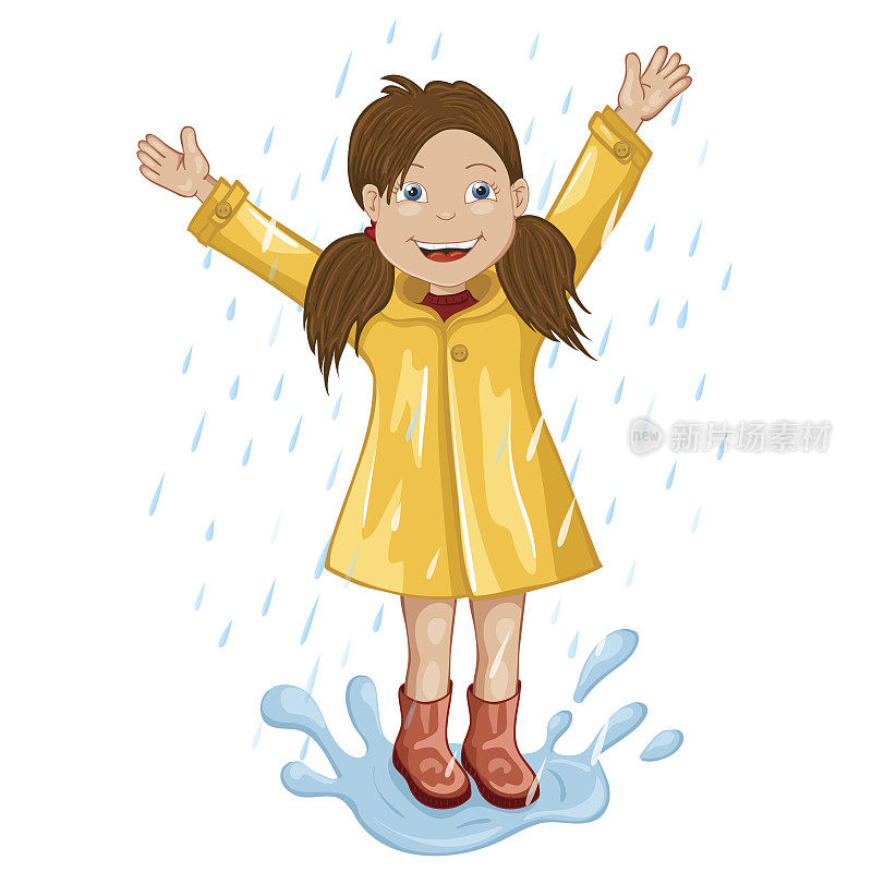 穿着雨衣的女孩在雨中蹦蹦跳跳。