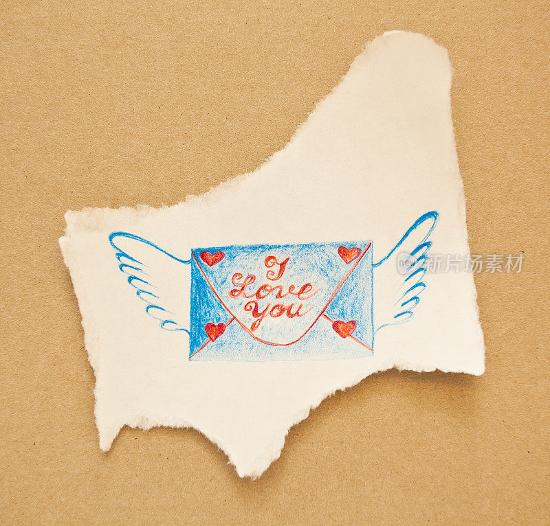 手绘的带翅膀的信封，上面写着“我爱你”