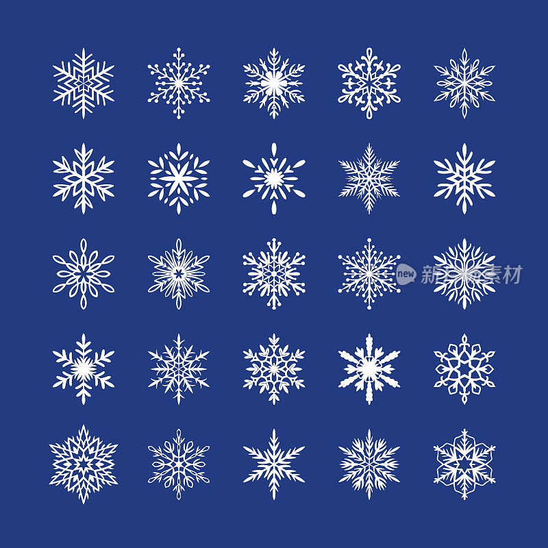 可爱的雪花收集孤立在蓝色的背景。扁平的雪花图标，雪花剪影。很好的元素为圣诞横幅，卡片。新年装饰。有机和几何雪花集
