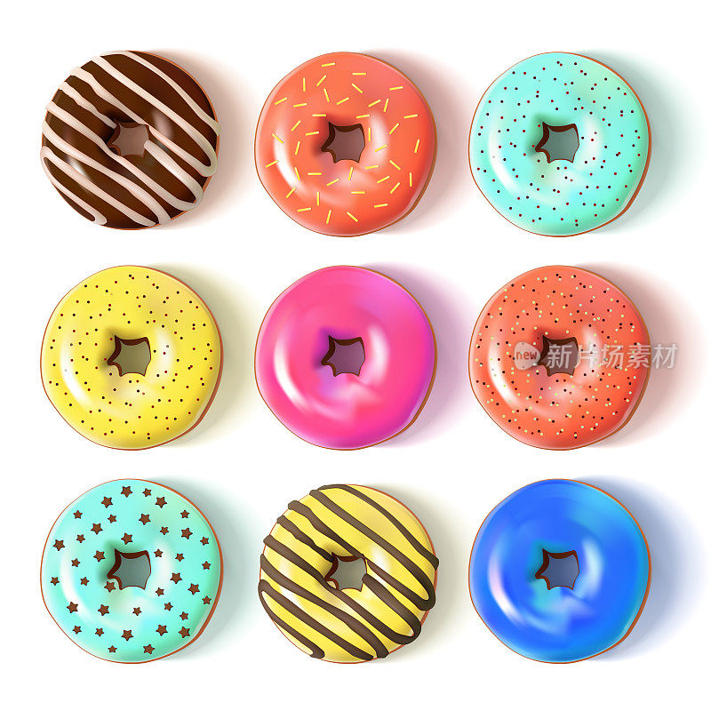 釉面彩色甜甜圈设置3D。矢量图