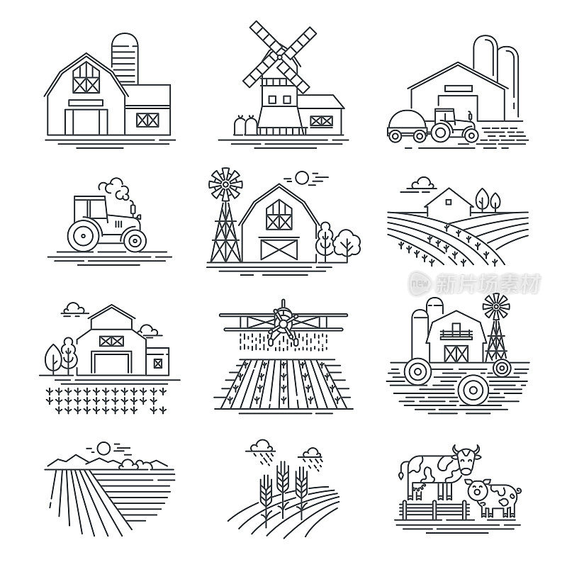 农场和农场的线性矢量图标孤立在白色的背景。农耕与农业生活理念。收割机、拖拉机和乡村建筑。细黑线风格