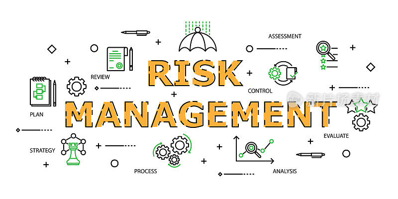 现代平细线图标设置在概念上的风险管理与字战略，风险管理，评估，计划，审查，评估，分析，过程。可编辑的中风。