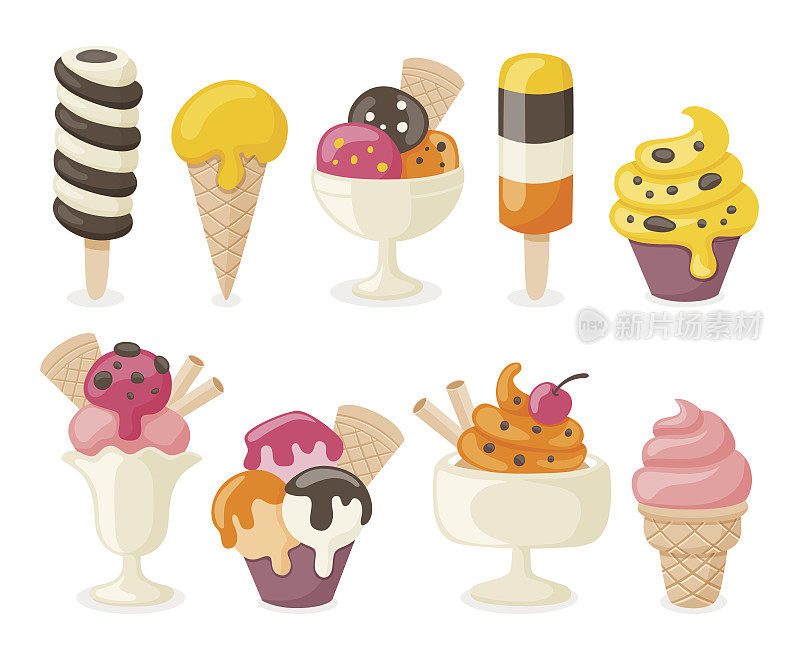 收藏9种美味冰淇淋。矢量插图。