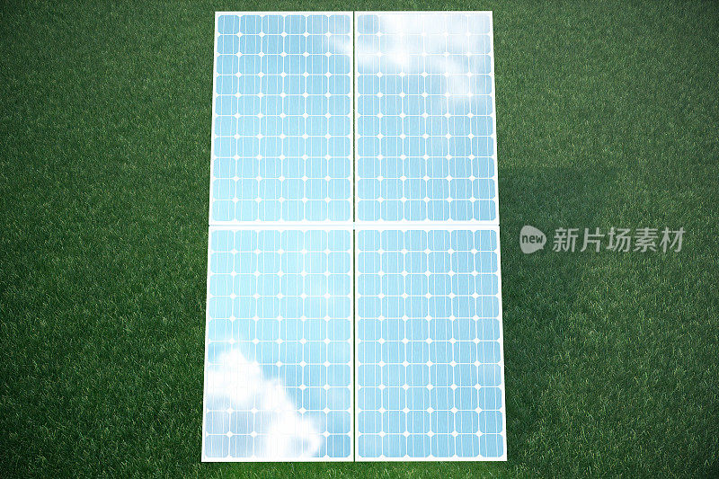 草地上的3D插图太阳能电池板。太阳能电池板生产绿色、环保的太阳能。未来的概念能源。