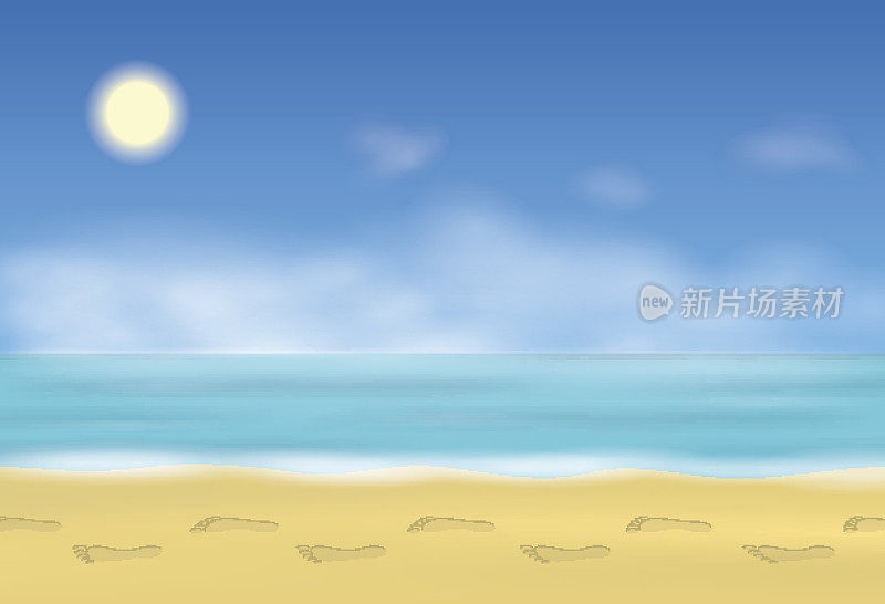 在沙滩上留下脚印。踏在沙滩上。背景与大海和蓝天。矢量插图。