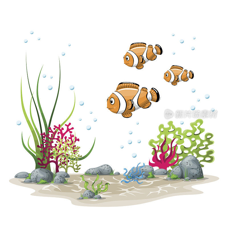 插图的水下景观与鱼和植物