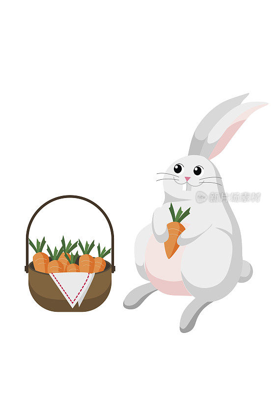 小白兔拿着装满胡萝卜的篮子。