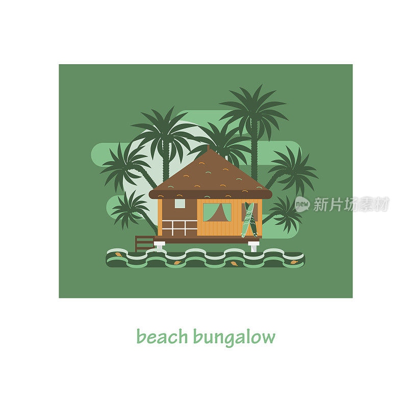 天堂度假概念。浪漫的热带房屋或小草屋出租或居住。夏天旅游海报。