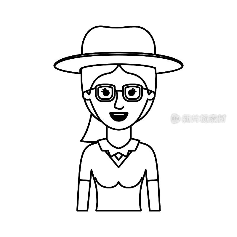 女人半身体与帽子和眼镜衬衫和马尾辫在单色剪影