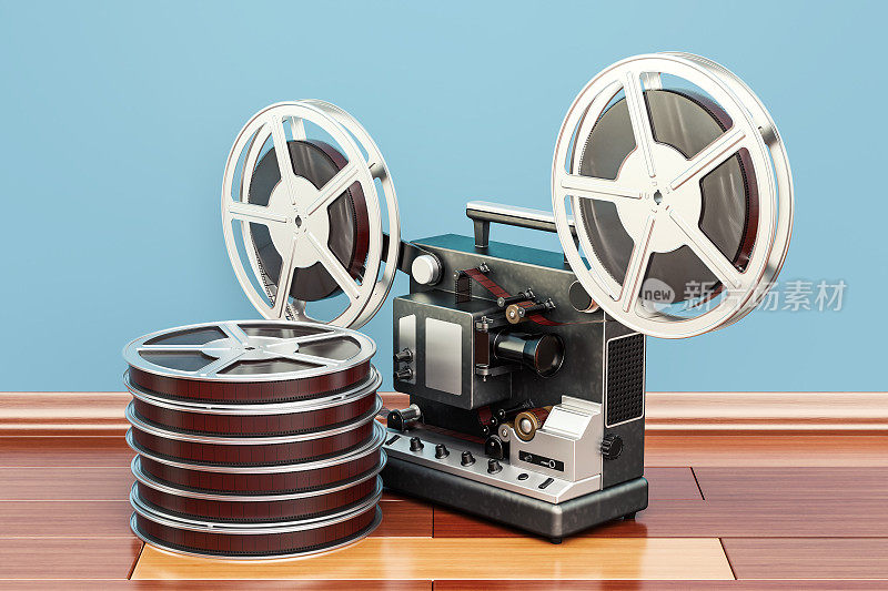 木地板上放着电影胶卷的放映机。三维渲染