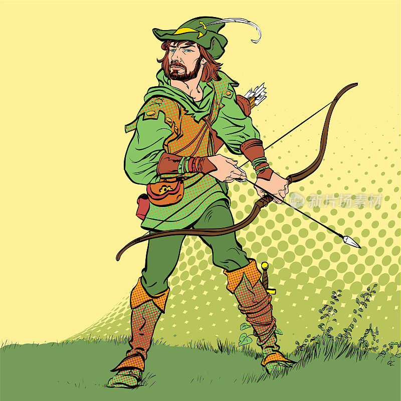 罗宾汉拿着弓箭站在那里。罗宾汉在伏击。后卫的虚弱。中世纪的传说。中世纪传说中的英雄。半色调的背景