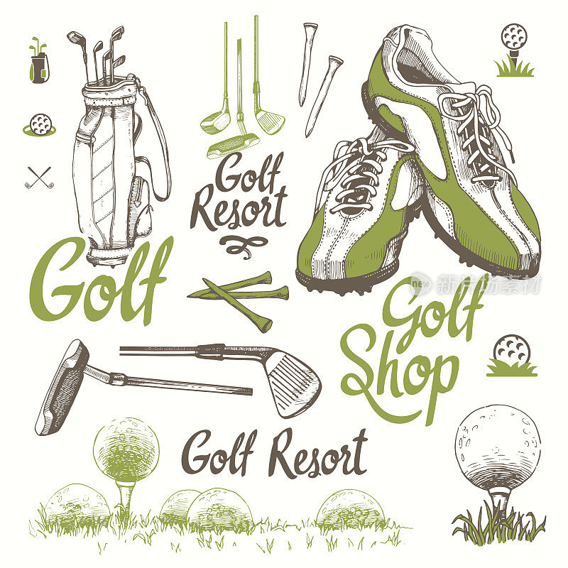高尔夫球套，篮子，鞋，推杆，球，手套，包。矢量套手绘运动设备。插图在白色背景素描风格。墨水手写字体
