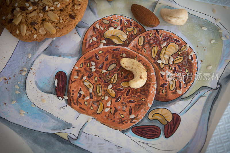 水彩插图燕麦饼干在盘子和真正的燕麦饼干的背景