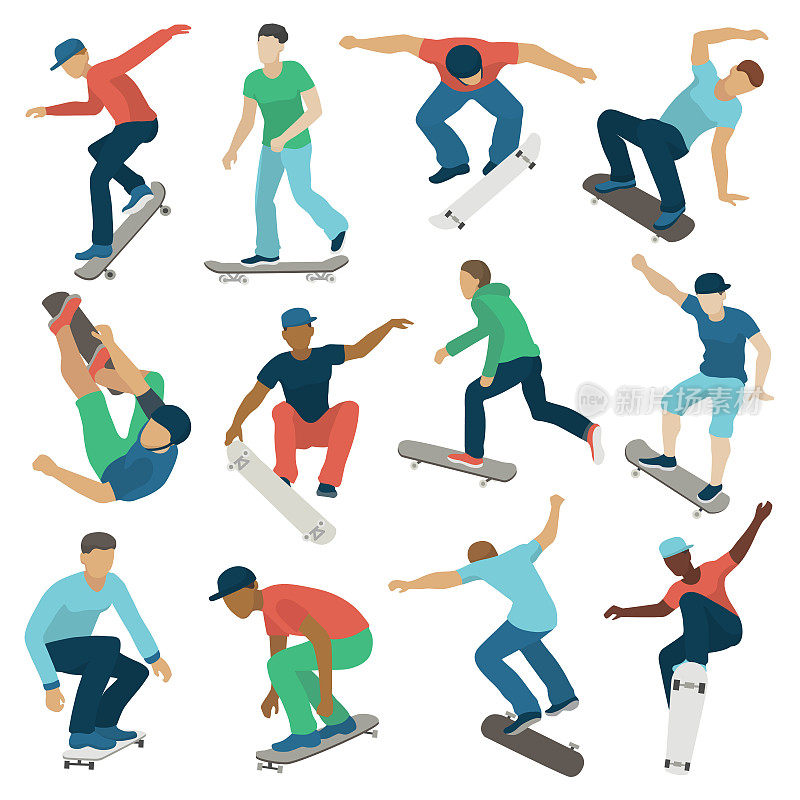 年轻滑板活跃的男孩运动极端活跃滑板跳跃技巧矢量插图