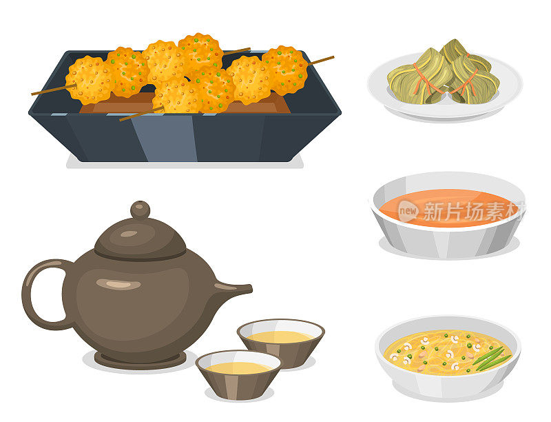 中国传统美食菜肴美味佳肴亚洲正餐中餐烹饪矢量插图