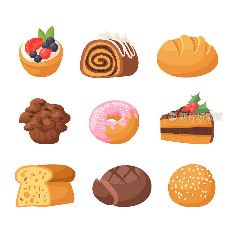 饼干蛋糕美味的零食美味的巧克力自制糕点饼干甜甜点烘焙食物矢量插图