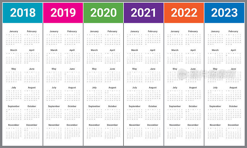 2018年2019年2020年2021年2022年2023年日历矢量