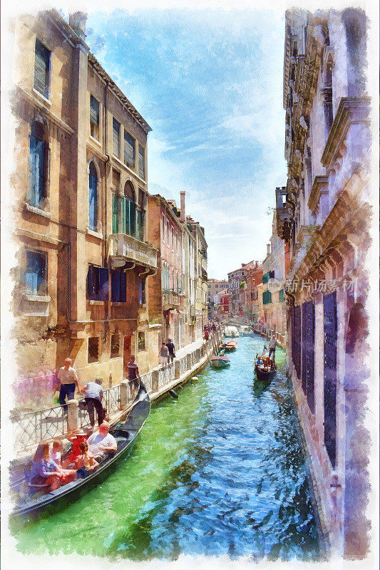 风景如画的威尼斯运河与贡多拉，水彩画