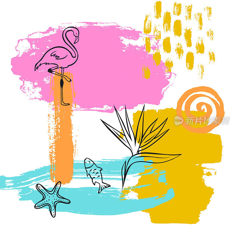 手绘抽象离奇的夏日度假海滩油漆笔刷艺术笔触纹理和勾勒拼贴卡的背景与火烈鸟鱼海星斯特雷利扎花涂鸦