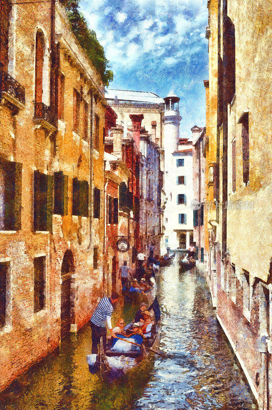 风景如画的威尼斯运河与贡多拉，数字模拟油画