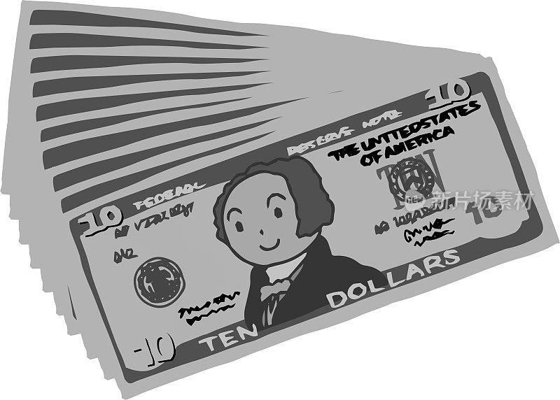 黑白一束可爱的手绘10美元钞票