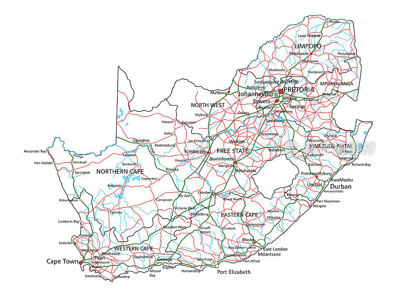 高度详细的南非路线图与标签。