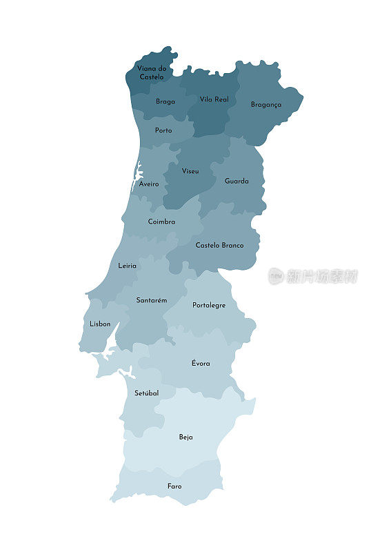葡萄牙简化行政地图矢量孤立插图。地区的边界和名称。五颜六色的蓝色卡其色轮廓