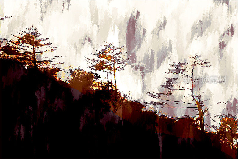 数字画的森林在山上在黑暗的色调