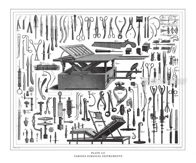 各种外科器械雕刻古董插图，出版于1851年