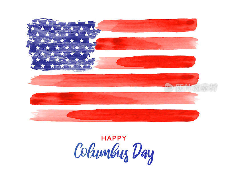哥伦布日海报与美国水彩画旗帜。向量