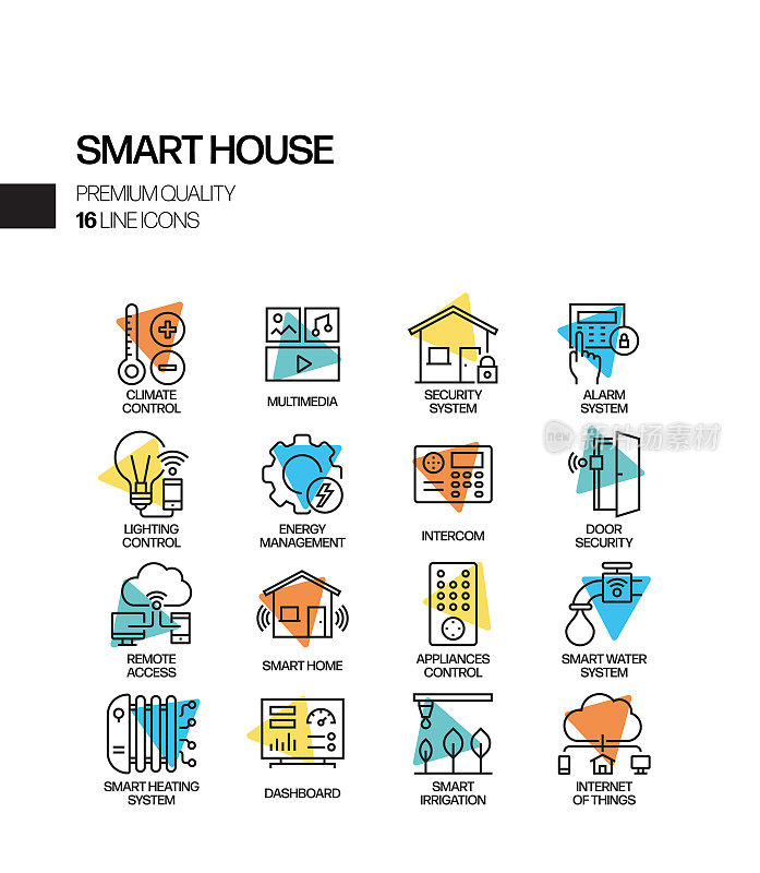 智能家居相关聚光灯矢量线图标的简单设置。大纲符号集合。