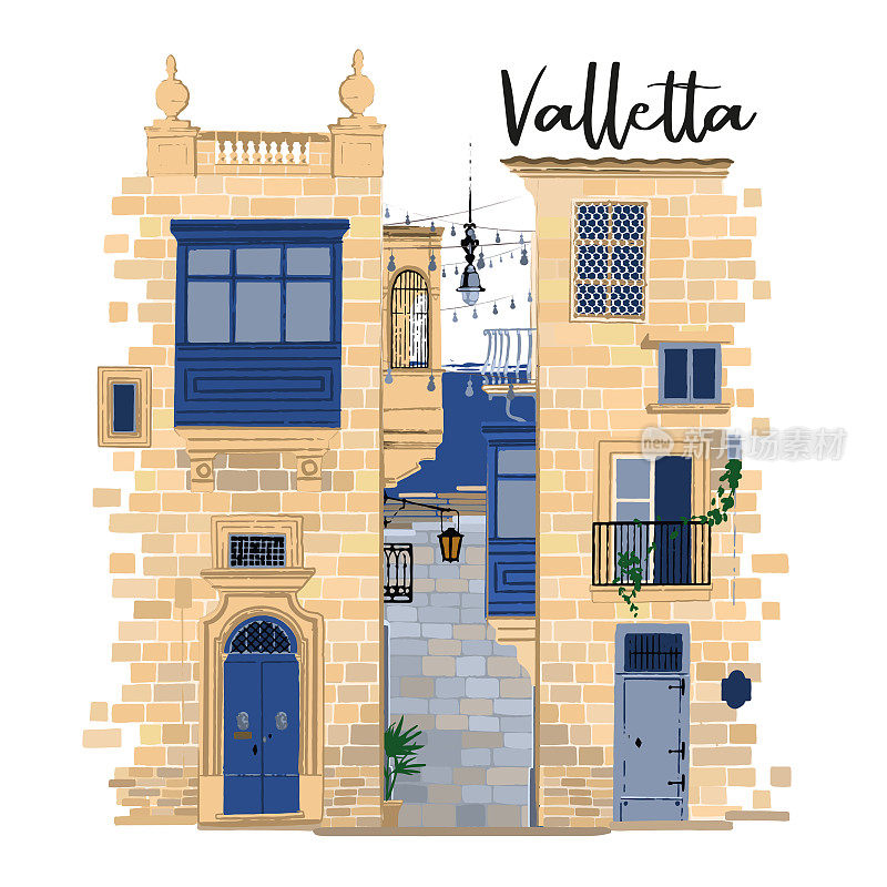 瓦莱塔的两个传统马耳他房屋的部分由沙石砖制成，有各种门、窗户和阳台