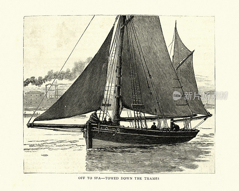 十九世纪八十年代，一艘维多利亚时期的渔船在泰晤士河上出海