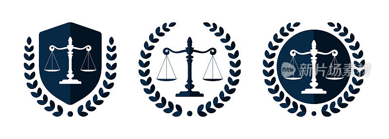 律师事务所标志集。律师事务所的标志与正义的天平。象征着法律中心或法律倡导者。正义的天平图标。