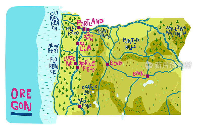 俄勒冈州的卡通地图