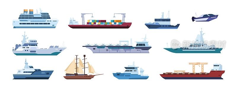 平的船只。远洋帆船、游艇和双体船，隔离海上运输。矢量帆船和摩托艇