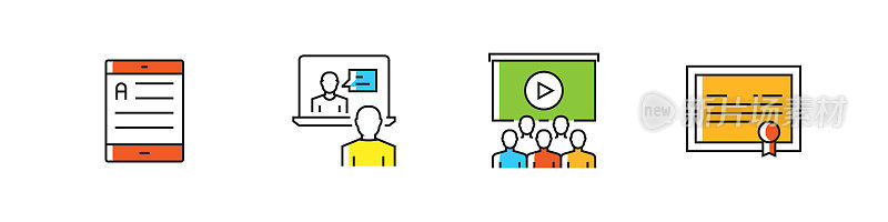 在线教育相关的矢量线图标。大纲符号集合。