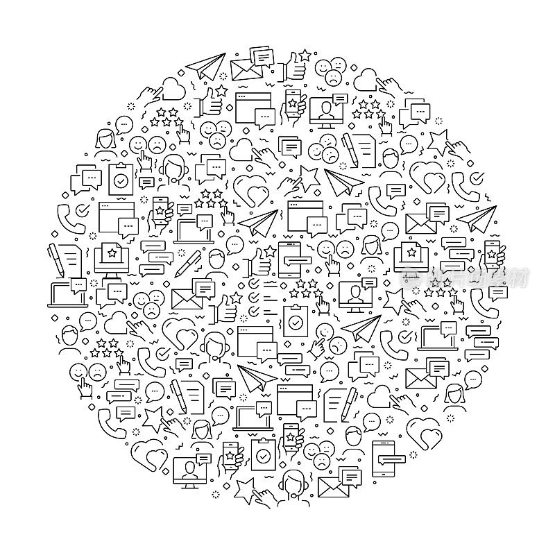 模式与反馈和奖状图标。黑色和白色细线图标