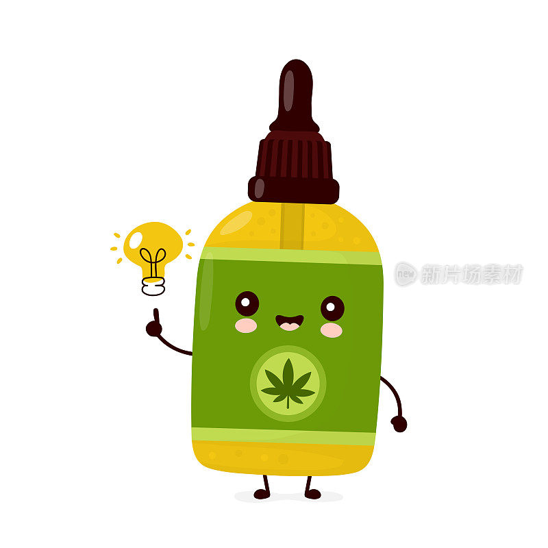 可爱快乐大麻CBD油瓶与灯泡